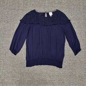 Knox Rose Navy Blue Blouse with Lace Detail